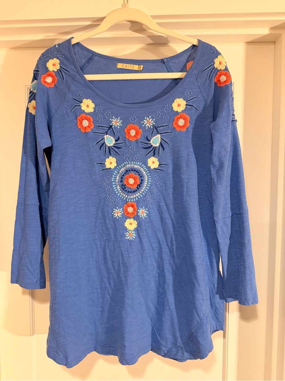 Caite Cornflower Blue Embroidered wide Neck Top